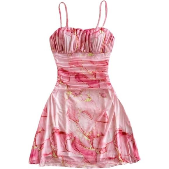 Dresses & Skirts - Women's Floral Print Ruched Cami Dress Spaghetti Strap Pink4